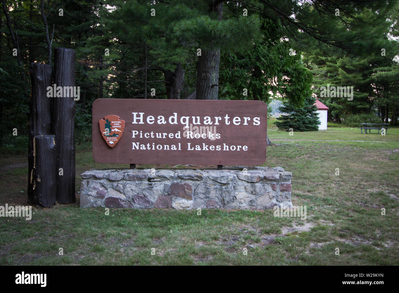 Entrance sign to the popular Pictured Rocks National Lakeshore on the rugged Lake Superior in the Upper Peninsula of Michigan Stock Photo