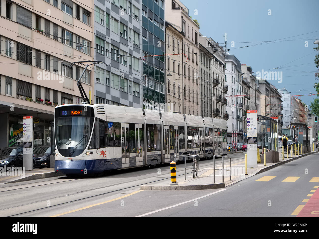 A TPG tram at a tram stop in the Servette area of Geneva Switzerland Stock Photo