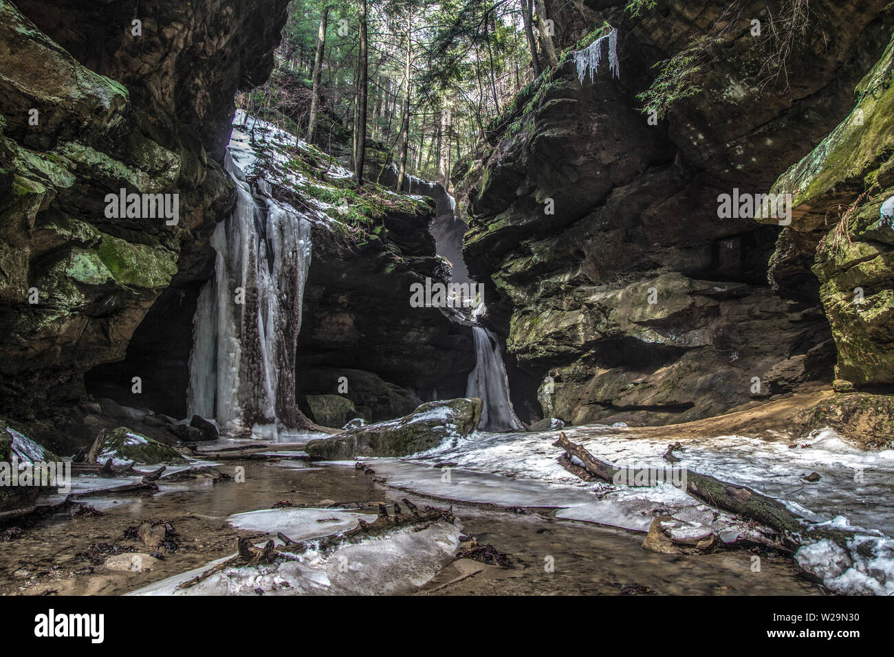 Hocking Hills Frozen Waterfall. Frozen double waterfall in Hocking Hills State Park in