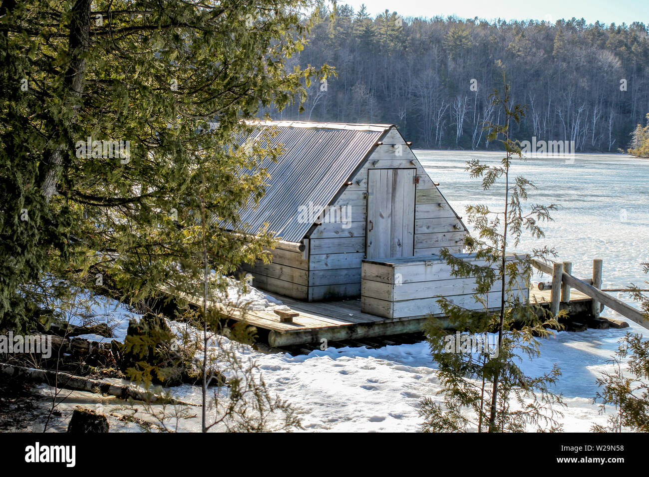 Historic Logging Raft. Historic loggers raft on display along the Highbanks Trail  in Michigan's Huron National Forest. Stock Photo