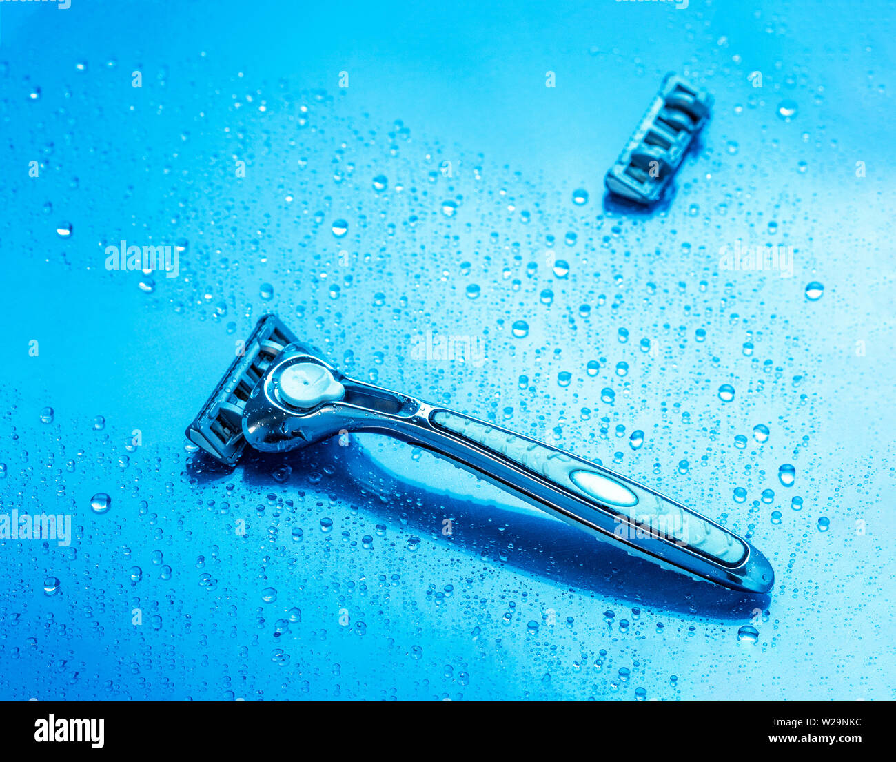 Blade shaving and reserve on a blue surface. Commercial product
