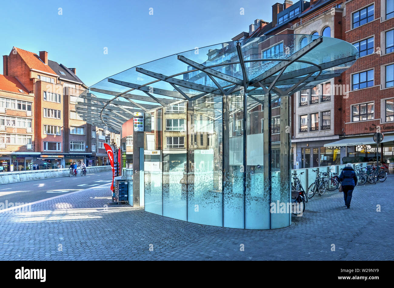 Leuven, Belgium, February 27, 2016 sculptural glass bus stop at Rector
