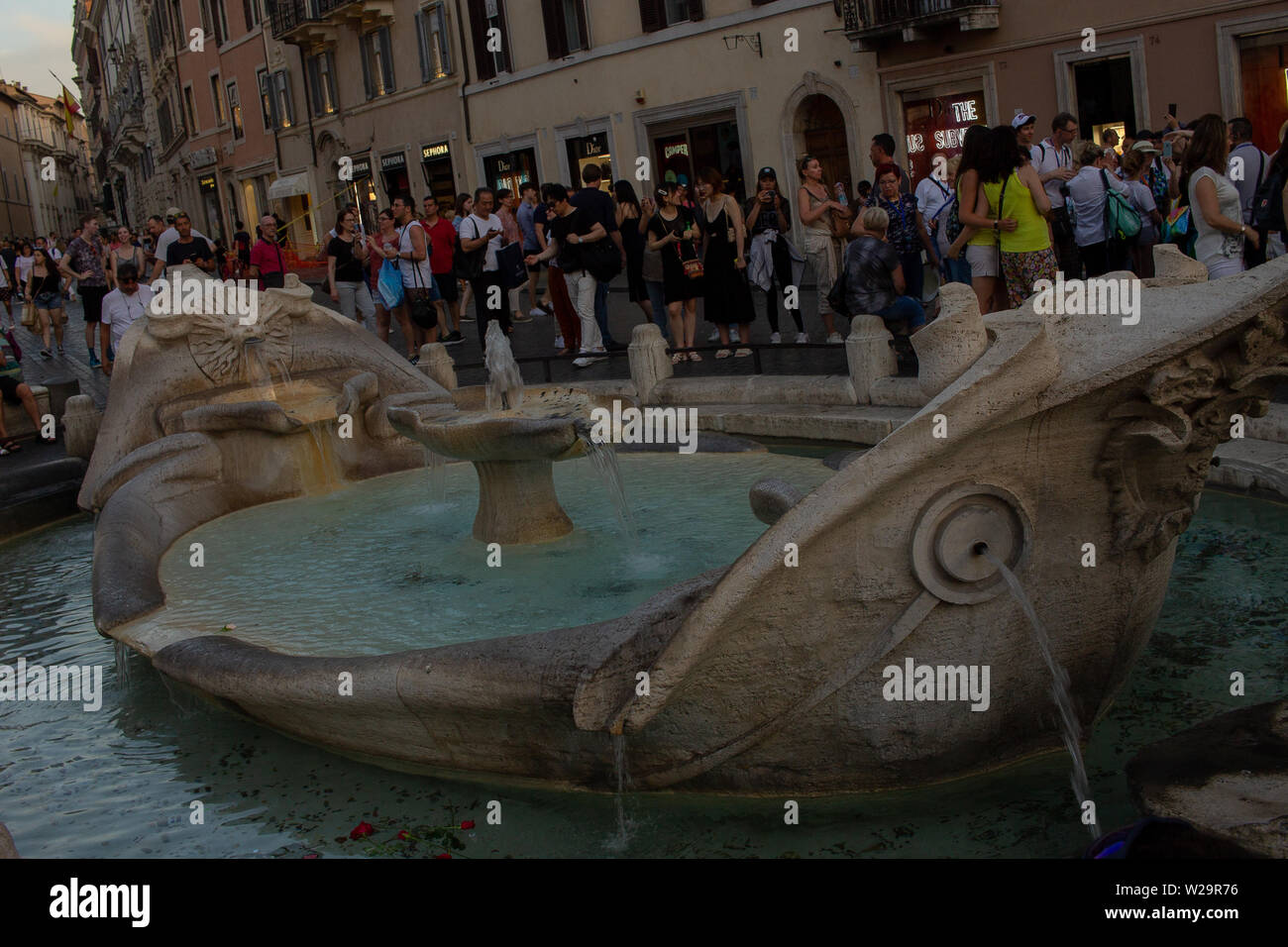 Rome Italy. June 06, 2019.The famous Piazza di Spagna fountain, also called Barcaccia by Bernini. Stock Photo