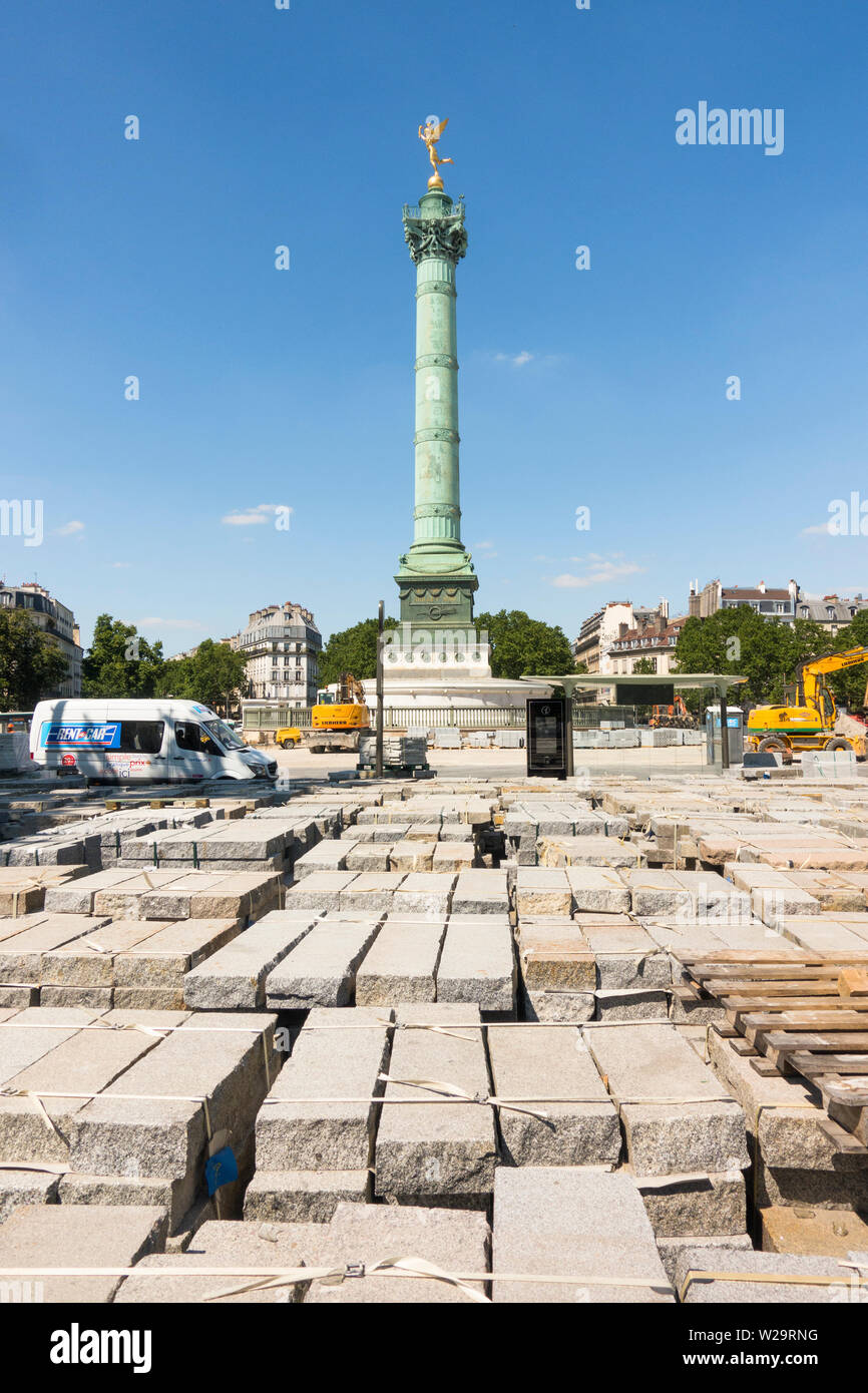 The Place de la Bastille with July Column undergoing construction work making it pedestrian friendly, Bastille, Paris, France. Stock Photo