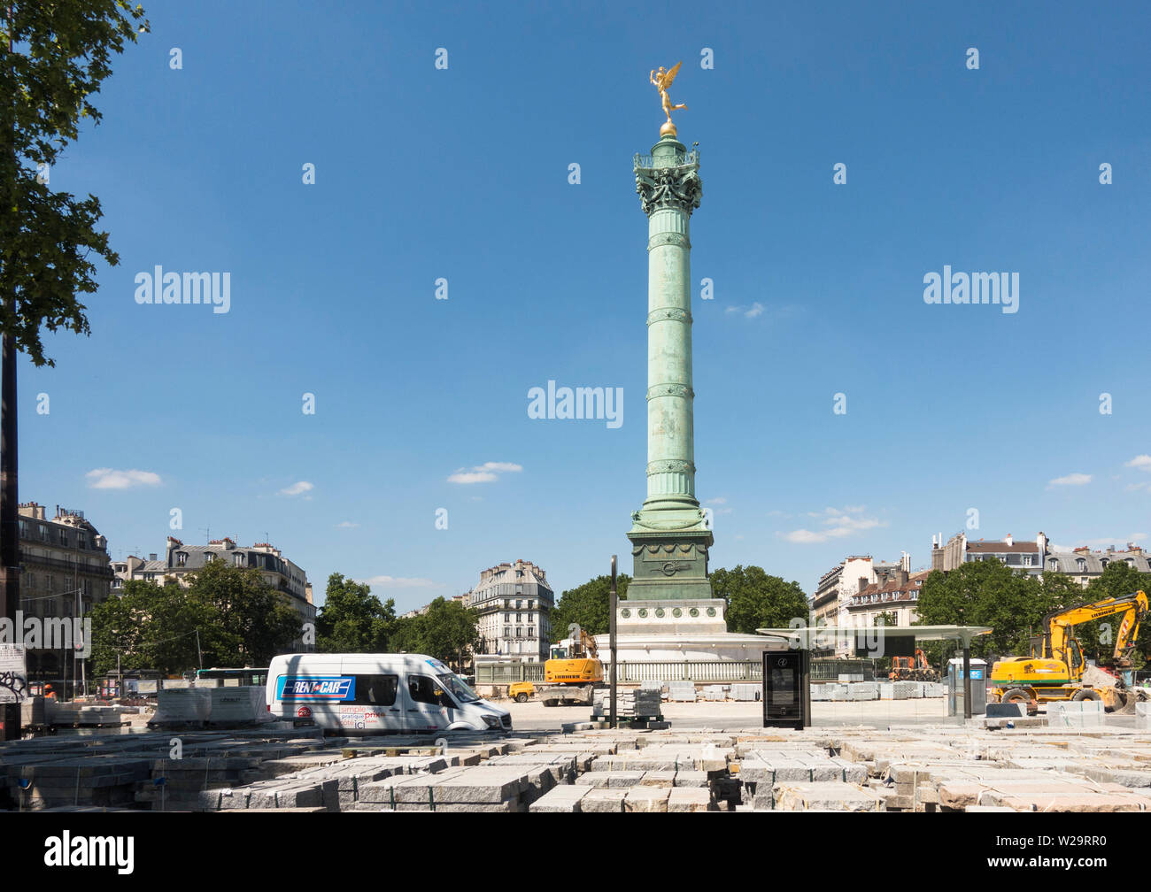 The Place de la Bastille with July Column undergoing construction work making it pedestrian friendly, Bastille, Paris, France. Stock Photo