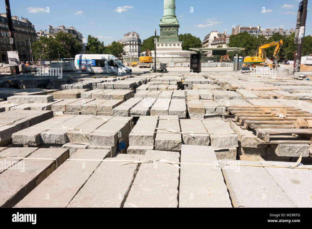 The Place de la Bastille with July Column undergoing construction work making it pedestrian friendly, Bastille, Paris, France. Stock Photo