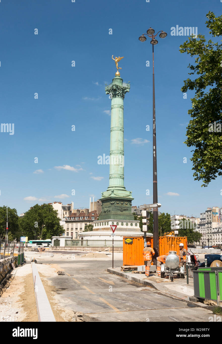 The Place de la Bastille with July Column undergoing construction work making it pedestrian friendly, Bastille, Paris, France. Stock Photo
