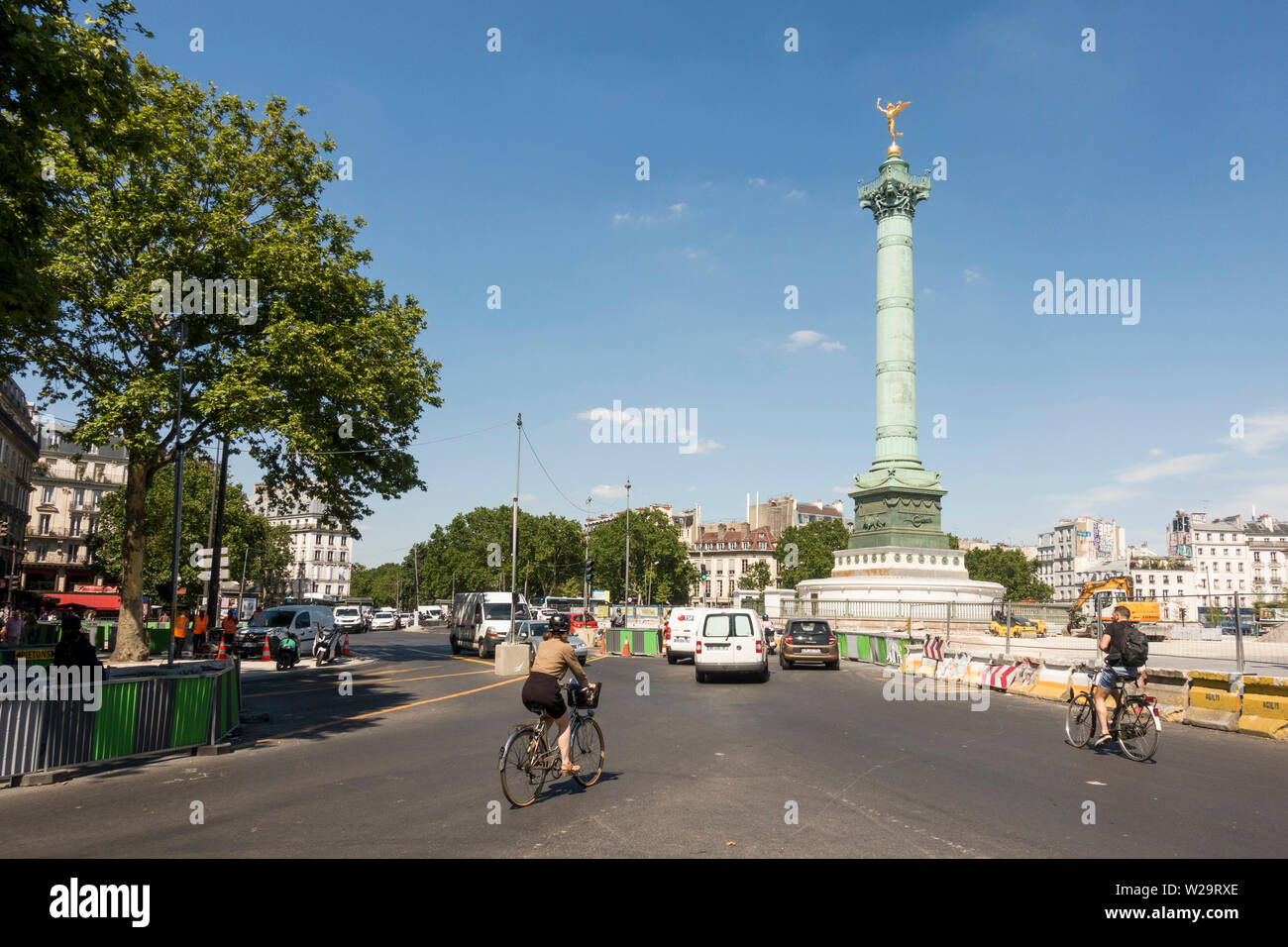 The Place de la Bastille with July Column undergoing construction work making it pedestrian friendly, Bastille, Paris, France. Stock Photo