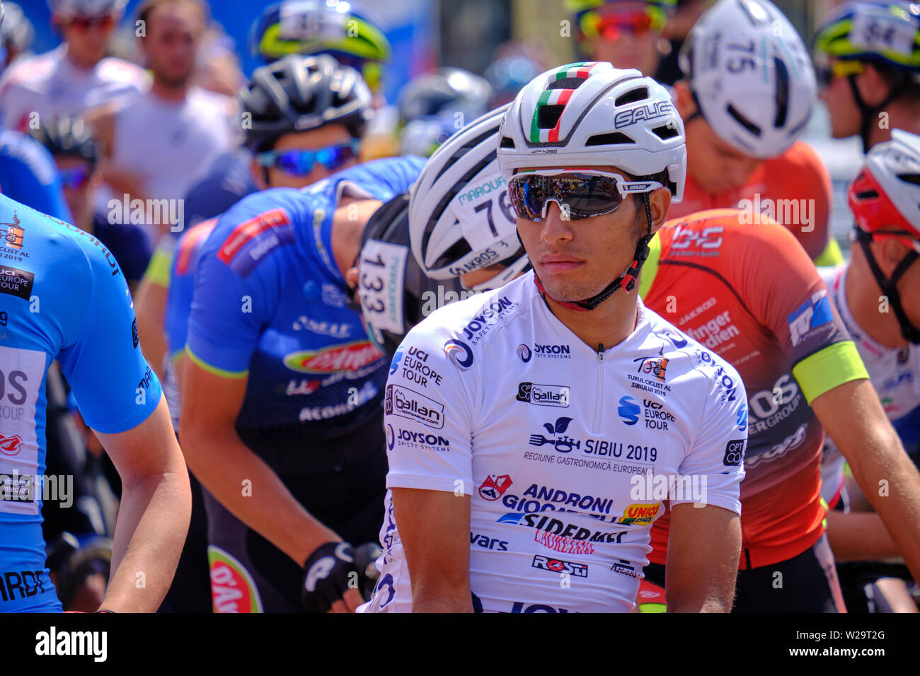 Daniel Munoz (team Androni Giocattoli - Sidermec)  White Jersey at the start of Stage 4, of Sibiu Cycling Tour, Romania, July 7, 2019 Stock Photo