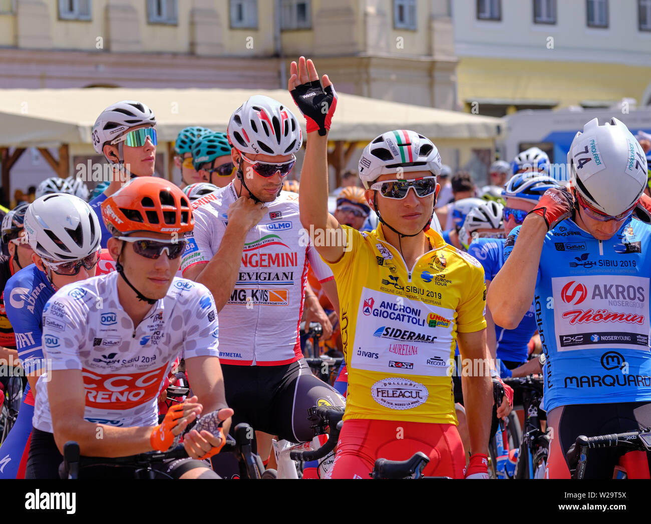 Kevin Rivera (team Androni Giocattoli - Sidermec)  Yellow Jersey at the start of Stage 4 of Sibiu Cycling Tour, Romania, July 7, 2019 Stock Photo