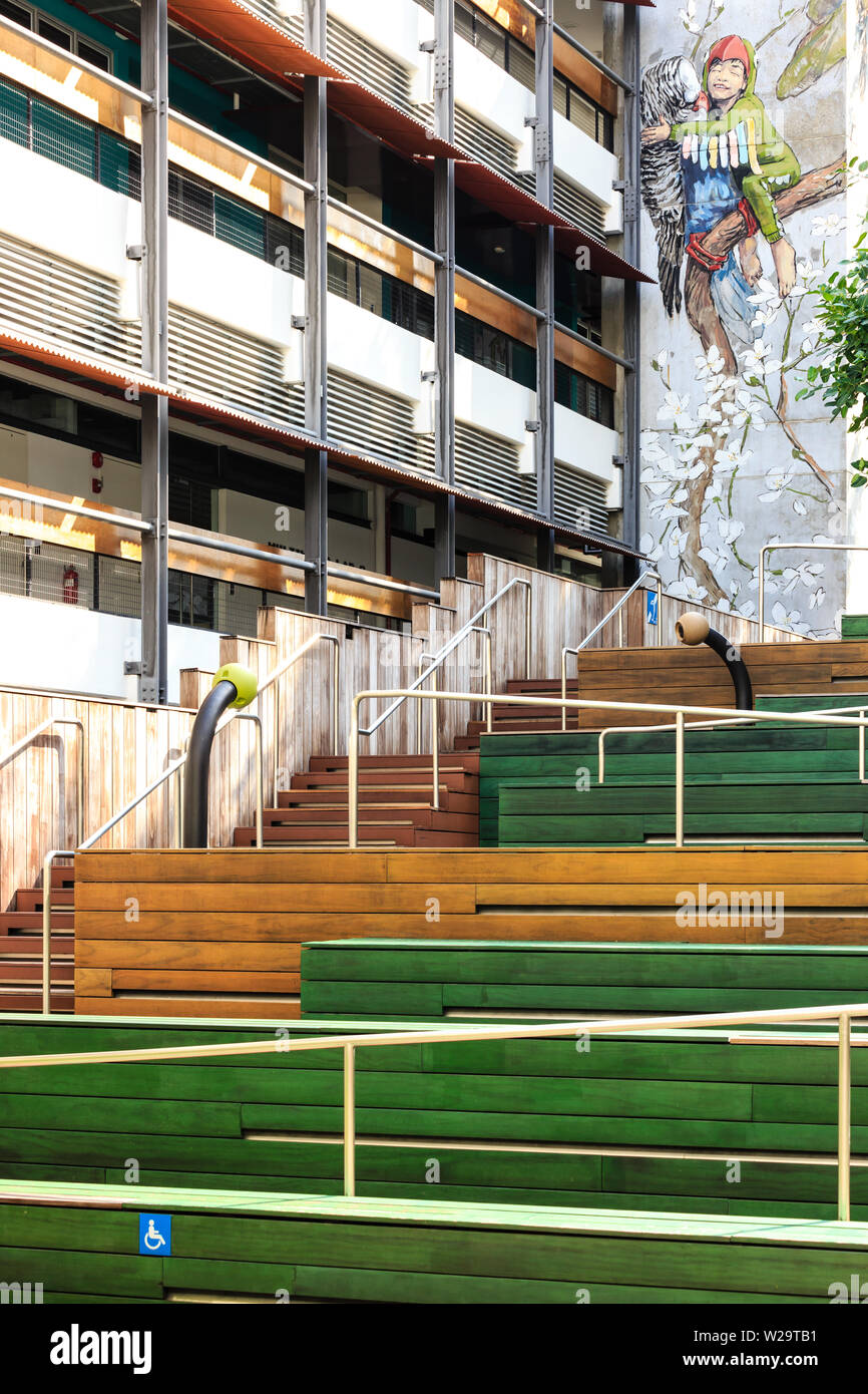 Singapore-27 JUN 2019: Singapore Enabling Village public outdoor terrace  stage Stock Photo - Alamy