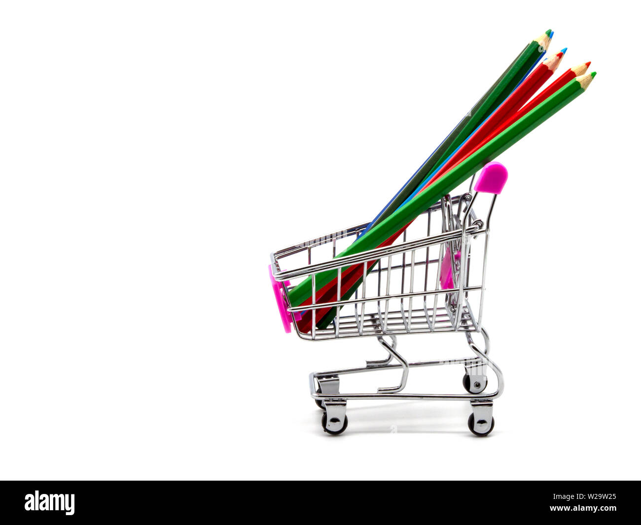 Color pencils and shopping cart isolated and white background Stock