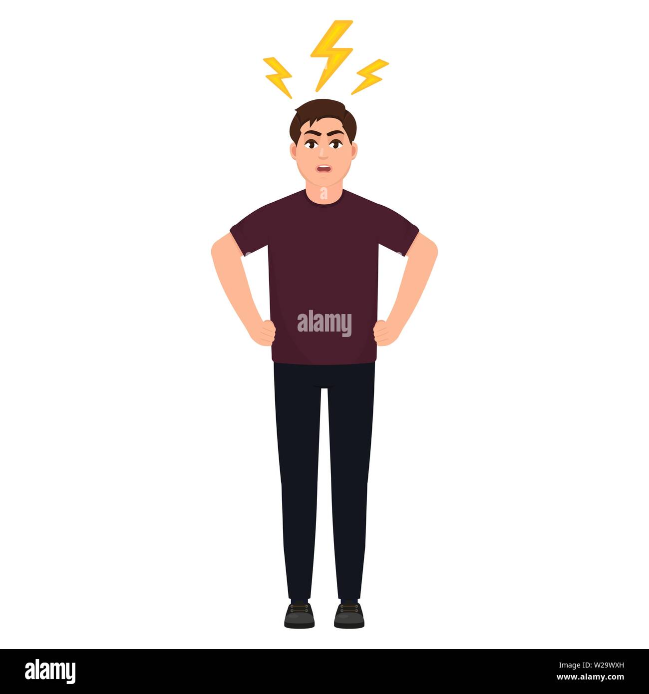 Man in anger, angry guy, lightning over a man's head, headache, cartoon character vector illustration Stock Vector