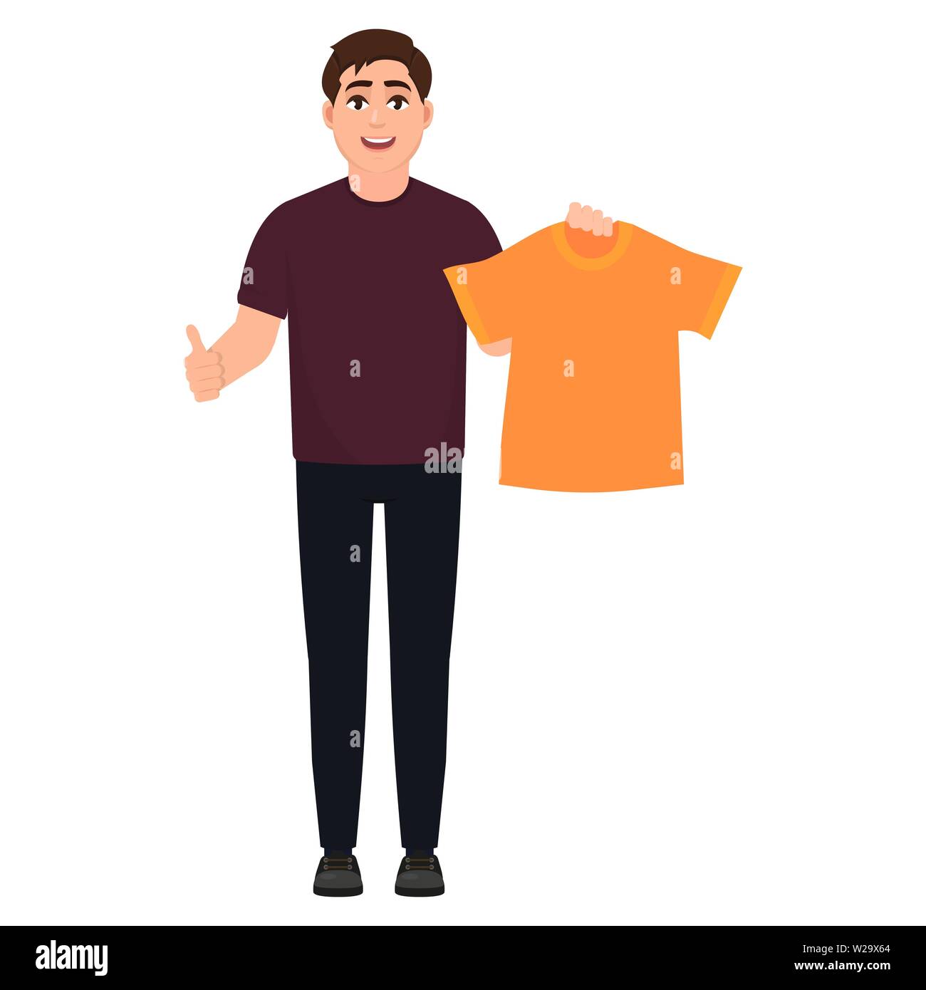 The guy holds an orange T-shirt and shows a thumbs up, a man likes clothes, cartoon character vector illustration Stock Vector