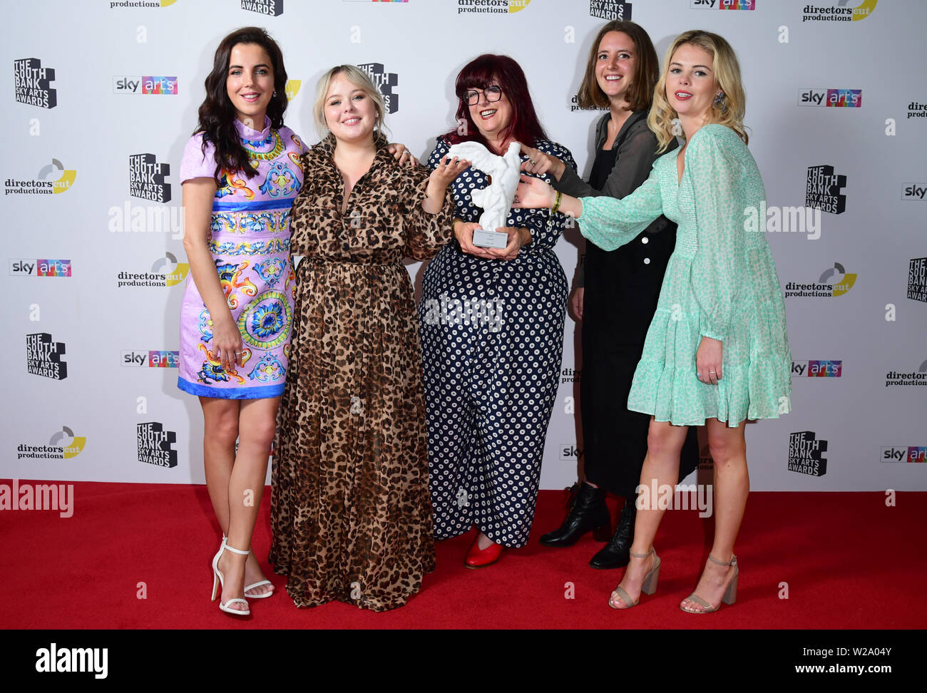 Jamie-Lee O'Donnell, Nicola Coughlan, Liz Lewin, Louisa Harland and Saoirse-Monica Jackson for with the Comedy Award for Derry Girls presented by Katherine Ryan, at the South Bank Sky Arts Awards at the Savoy Hotel in London. Stock Photo