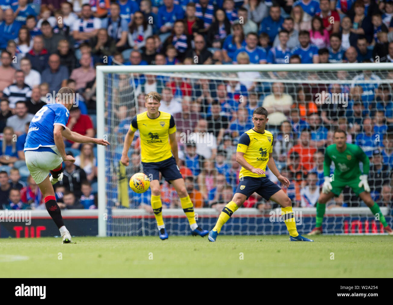 Rangers Nikola Katic has a shot which hit the underside of the bar ...