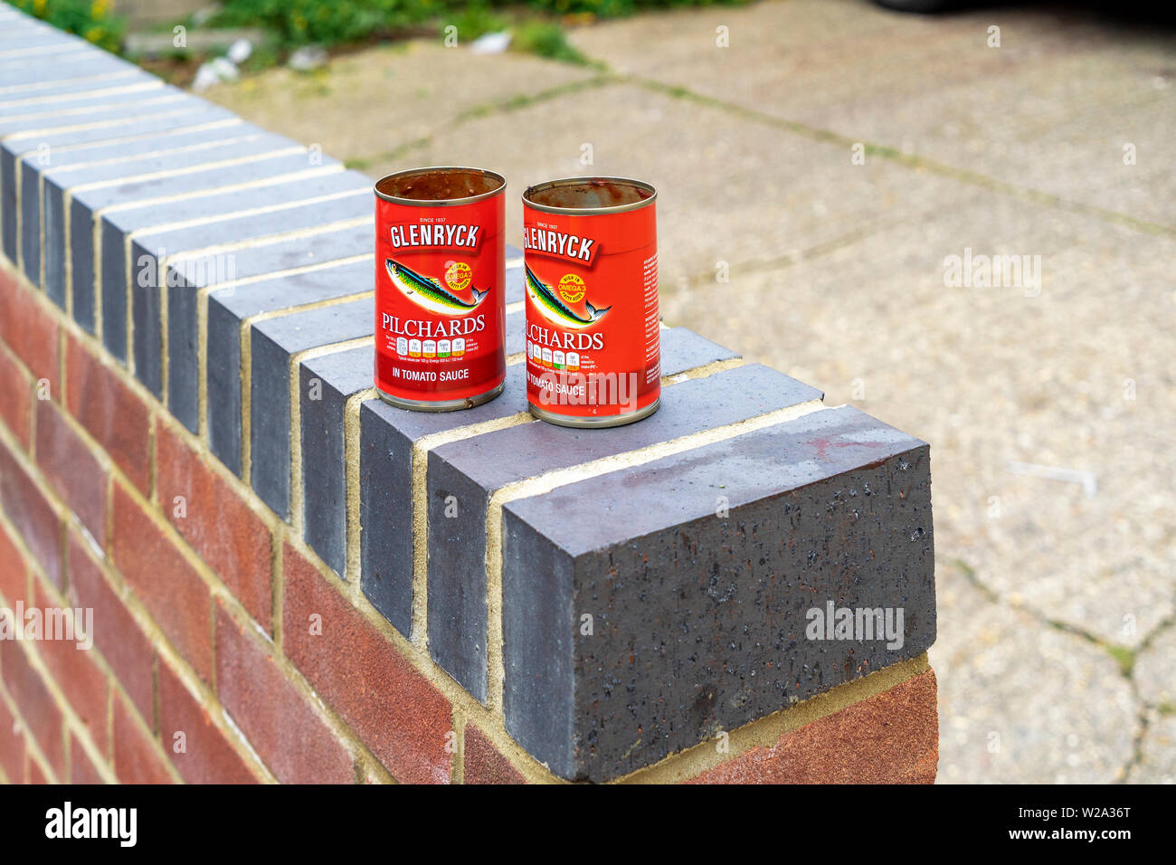 Empty Pilchard tins left on top of a brick wall Stock Photo