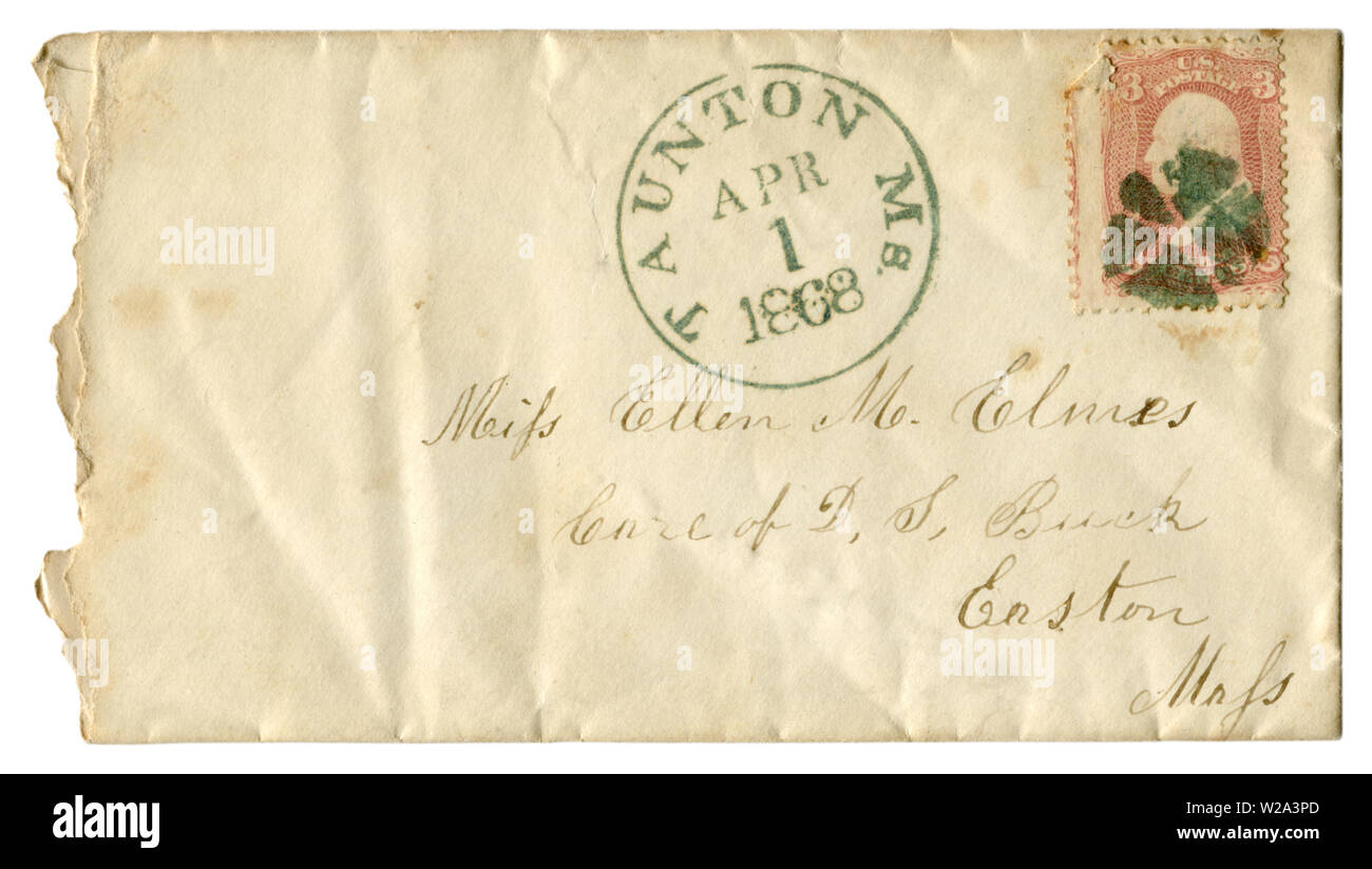 Taunton, Massachusetts, The USA  - 1 April 1868: US historical envelope: cover, red-brown postage stamp, three cents George Washington, Fancy cancel Stock Photo