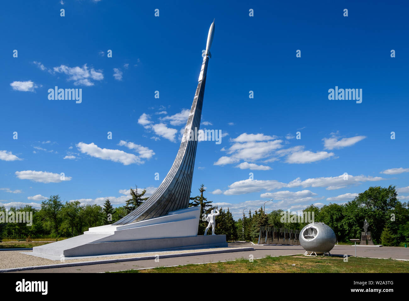 SMELOVKA, SARATOV, RUSSIA - JULY 2019: Place of landing of the first cosmonaut Yuri Gagarin. Stella and Monument. Stock Photo