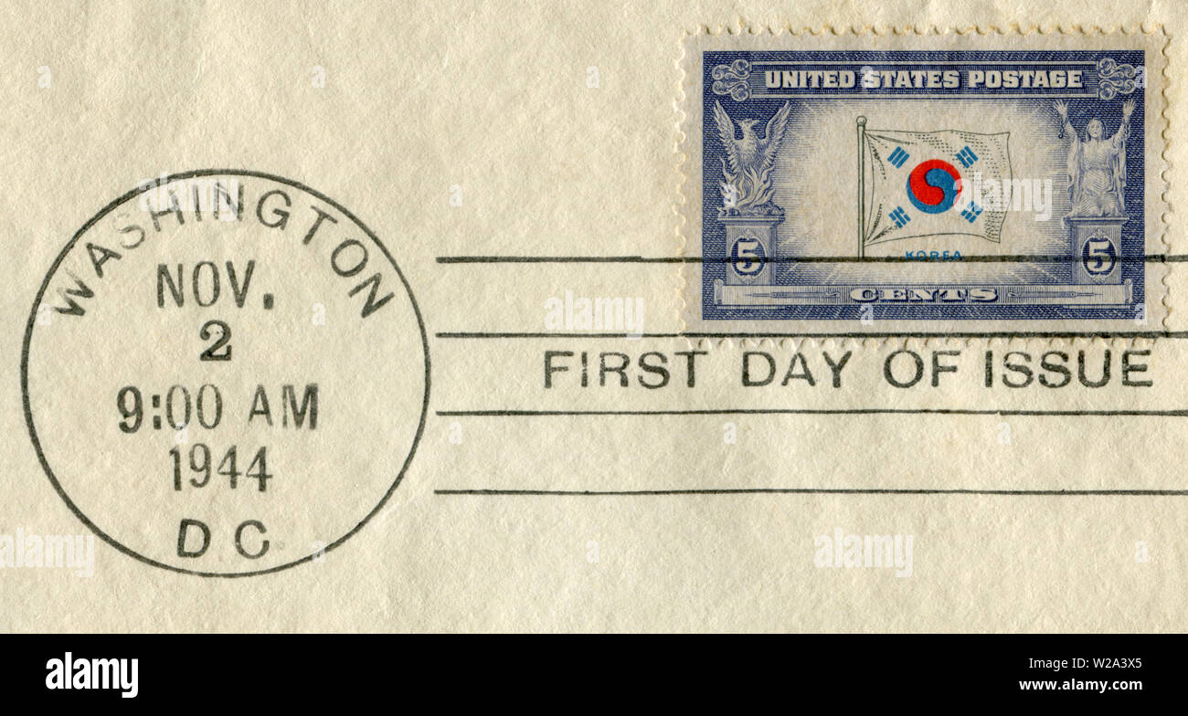Washington, D.C., The USA - 2 November 1944: Us historical stamp: The people of Korea will be free and independent again. Flag. The Phoenix Bird. Stock Photo