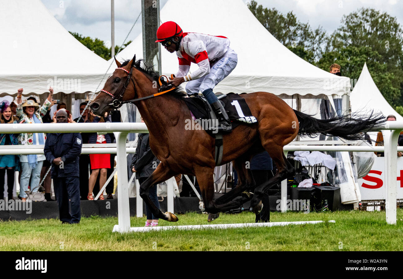 Hamburg, Germany. 07th July, 2019. Horse racing: Gallop, Derby Week Hamburg. Eduardo Pedroza on 'Laccario' from Gestüt Ittlingen crosses the finish line as the winner of the 150th German Derby. Credit: Axel Heimken/dpa/Alamy Live News Stock Photo