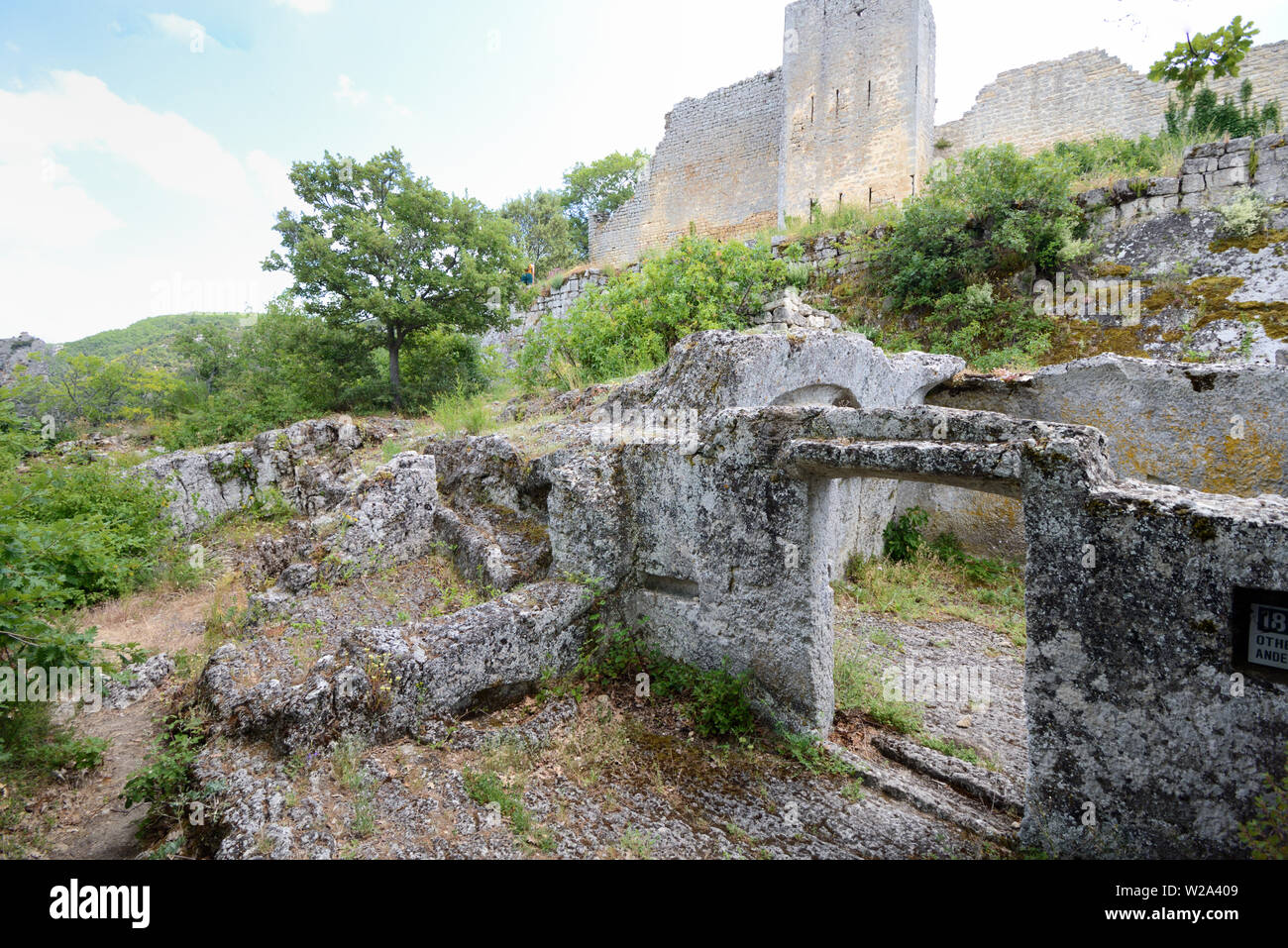 Ruins of Stone-Carved House & Ramports or Fort Wall Buoux Fort Luberon Provence france Stock Photo
