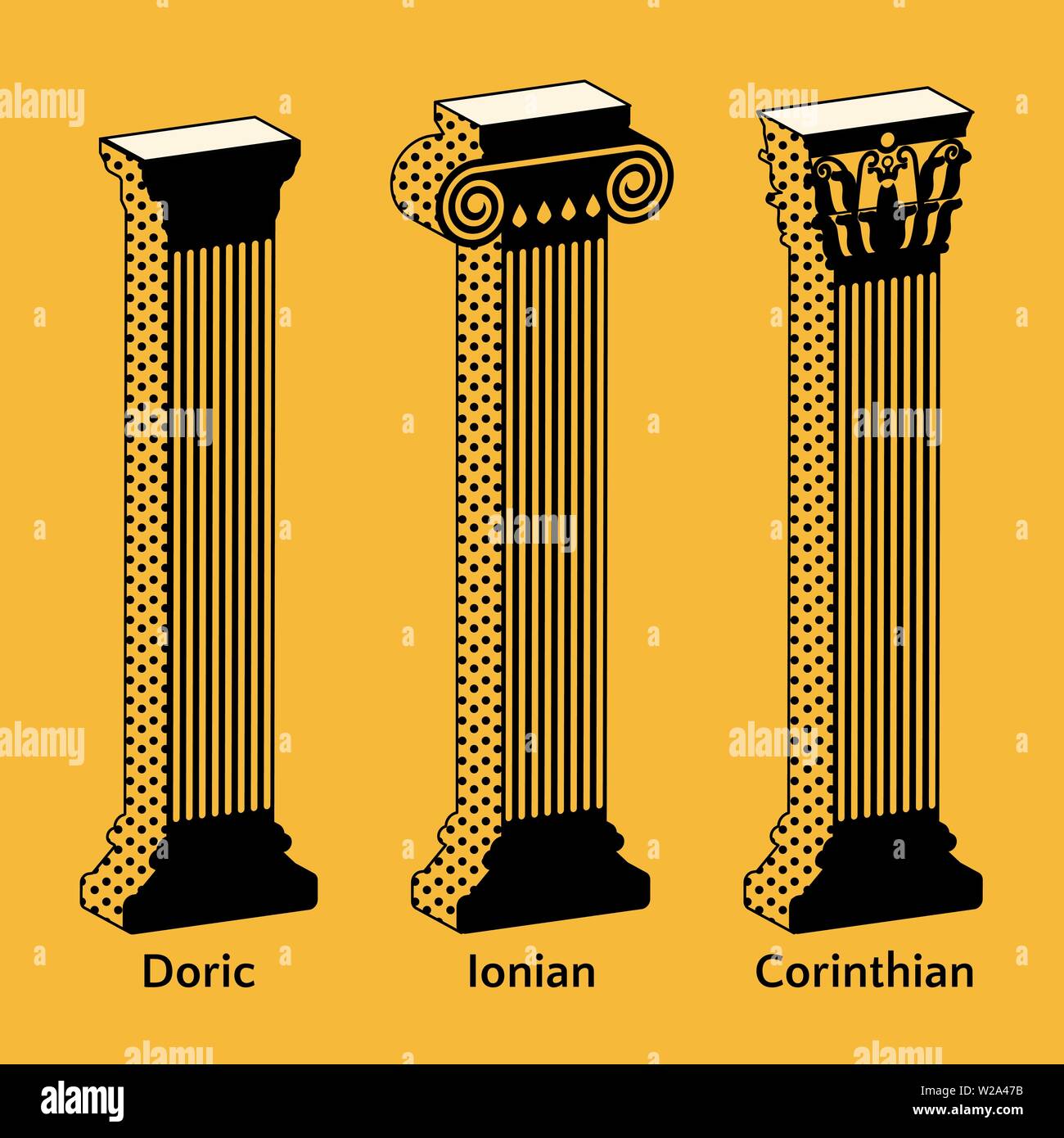 Set of isometric icons of Antique Greek columns in retro style. Types of Doric, Ionian, Corinthian vector illustration Stock Vector
