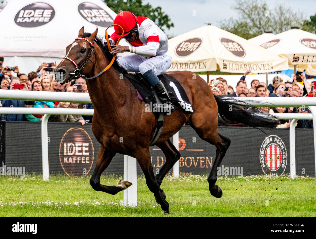 Hamburg, Germany. 07th July, 2019. Horse racing: Gallop, Derby Week Hamburg. Eduardo Pedroza on 'Laccario' from Gestüt Ittlingen crosses the finish line as the winner of the 150th German Derby. Credit: Axel Heimken/dpa/Alamy Live News Stock Photo