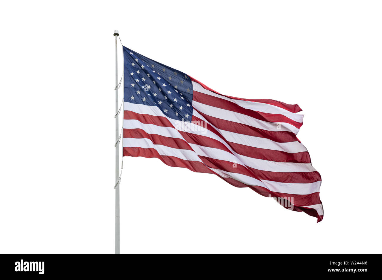 American flag on a pole waving, white background. US of America symbol sign  isolated on white Stock Photo - Alamy, image size:1300x956