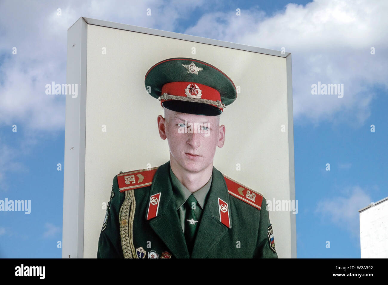Check Point Charlie, Portrait of Soviet Soldier, Berlin Germany Stock Photo