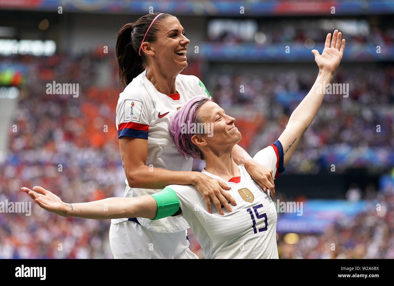 USA's Megan Rapinoe celebrates scoring her side's first goal of the game during the FIFA Women's World Cup 2019 Final at the Stade de Lyon, Lyon, France. Stock Photo