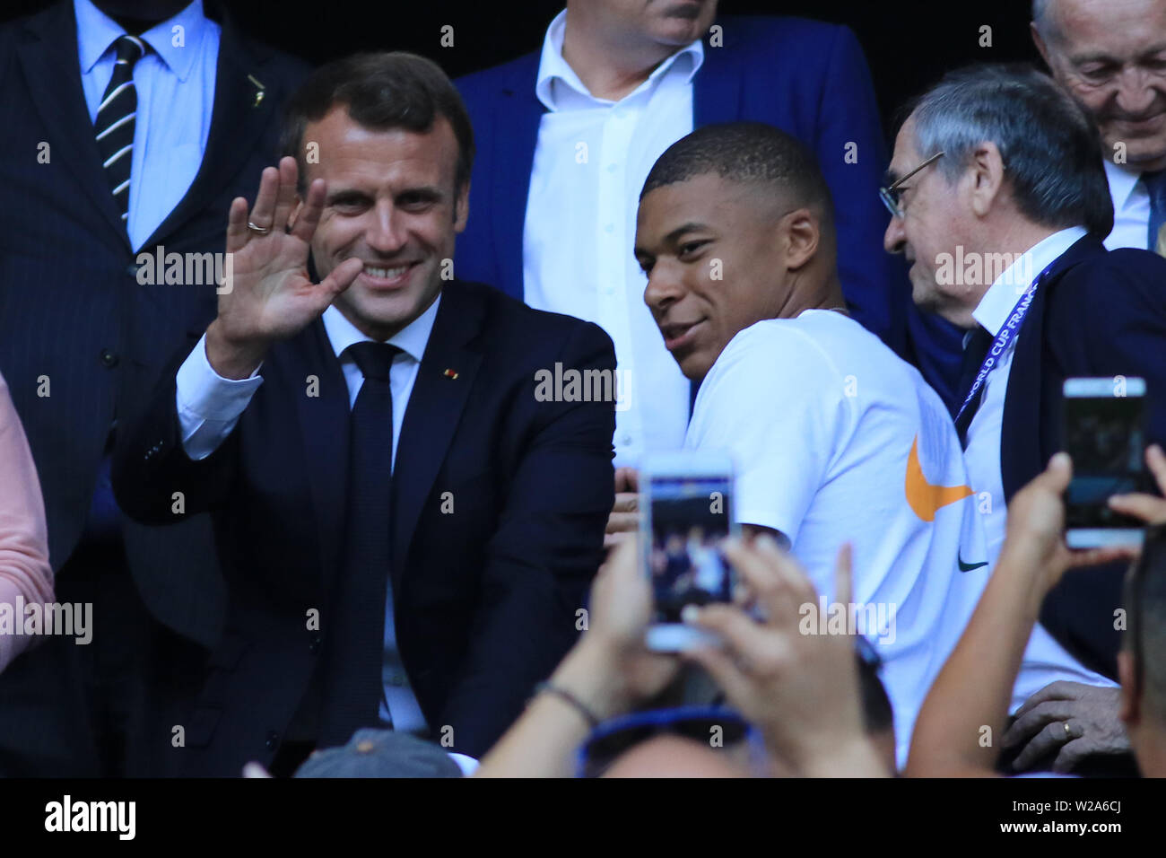 Groupama Stadium, Lyon, France. 7th July, 2019. FIFA Womens World Cup final, USA versus Netherlands; Emmanuel Macron, French President with French Player and World Cup Winner Kylian Mbappe attends the game Credit: Action Plus Sports/Alamy Live News Stock Photo