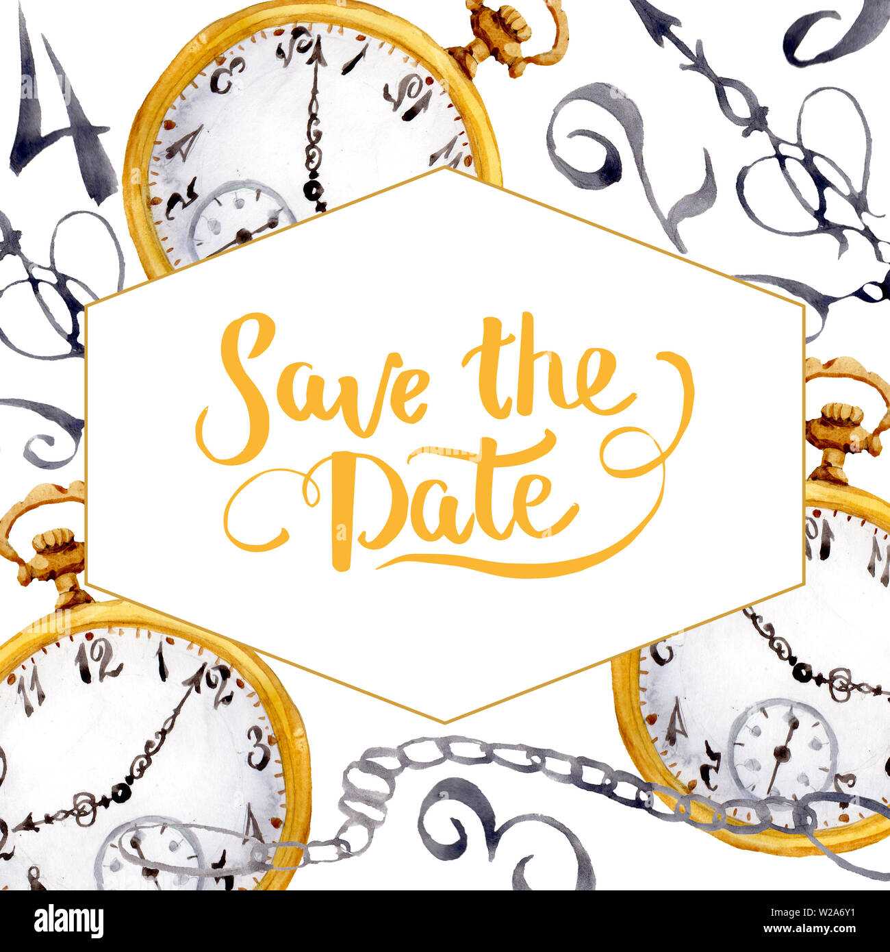 Watch Border Designs Vintage old clock pocket watch. Watercolor background illustration set ...