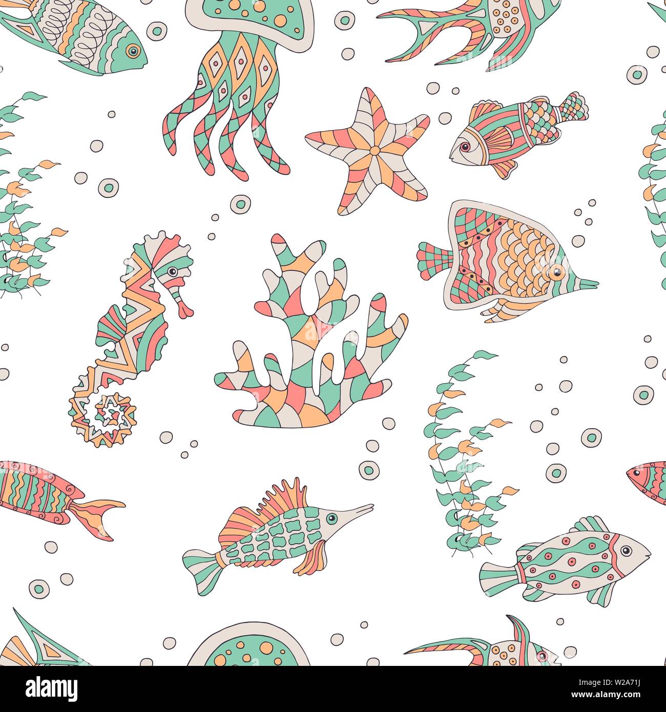 Cute abstract seamless pattern with sea fish, starfish, coral, seahorse ...