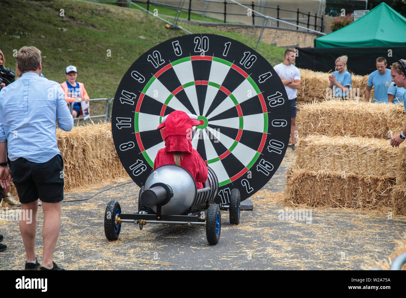 London, UK. 7 July 2019 Red Bull Soapbox Race the international event in  which amateur drivers race home-made soapbox vehicles. Each hand-made  machine is fuelled by nothing but sheer courage, the force