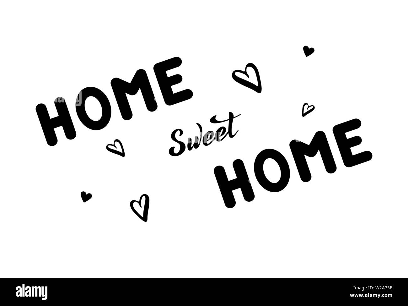 Vector illustration with handwritten phrase - Home sweet Home. Lettering. Black text with hearts on a white background. Isolated word. For web site, c Stock Vector