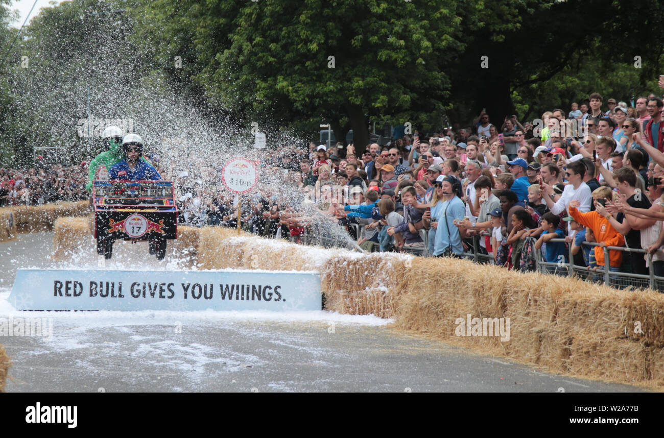 London, UK. 7 July 2019 Red Bull Soapbox Race the international event in  which amateur drivers race home-made soapbox vehicles. Each hand-made  machine is fuelled by nothing but sheer courage, the force