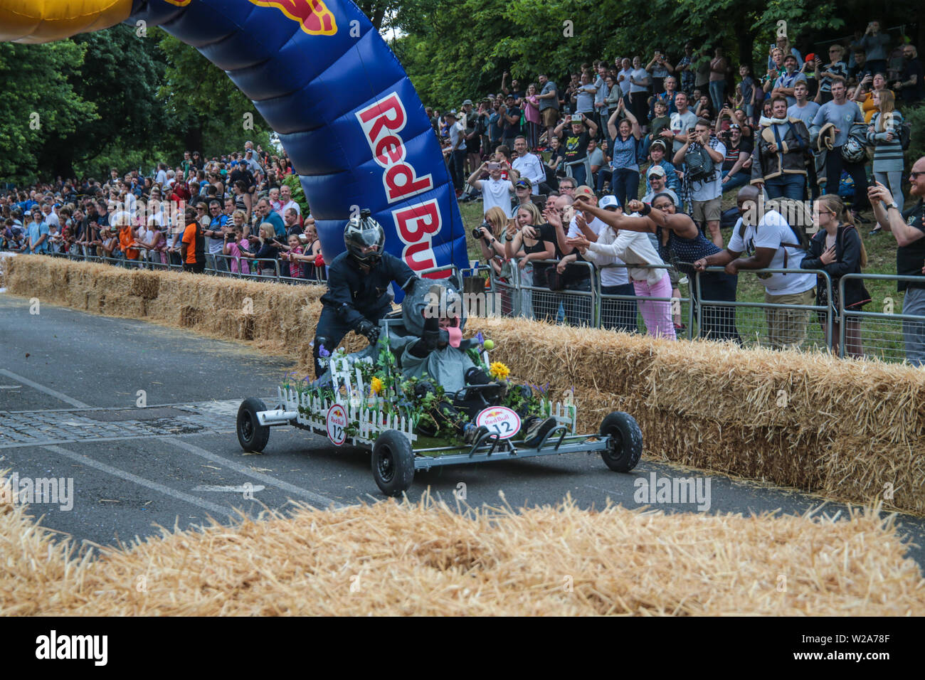 London, UK. 7 July 2019 Red Bull Soapbox Race the international event in which amateur drivers race home-made soapbox Each machine is fuelled by nothing but sheer courage, the force
