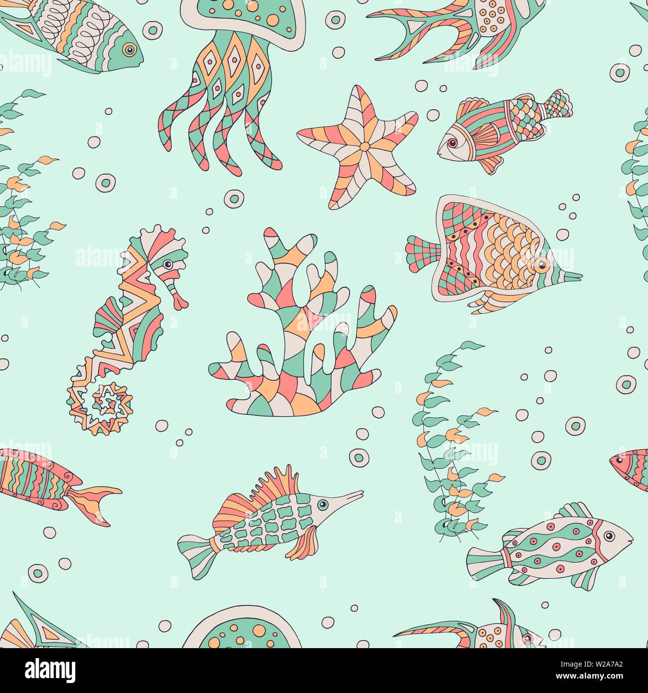 Cute abstract seamless pattern with sea fish, starfish, coral, seahorse ...