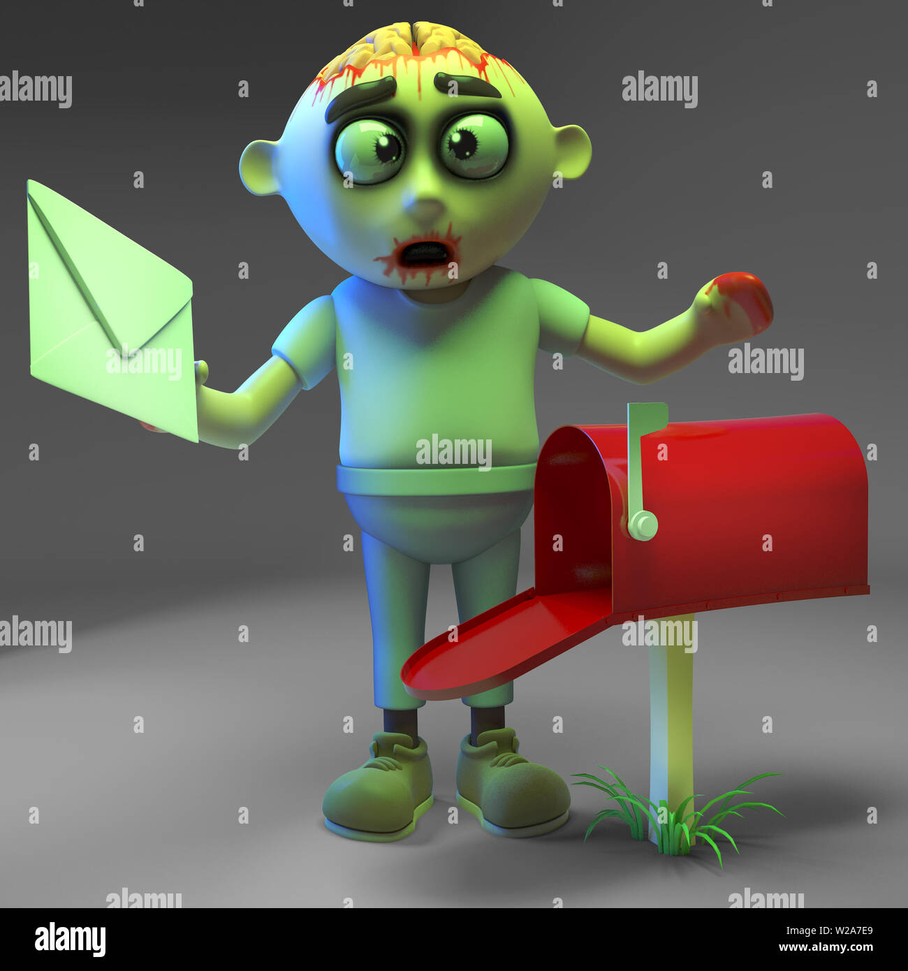 Cartoon zombie monster checks his mailbox for mail, 3d illustration