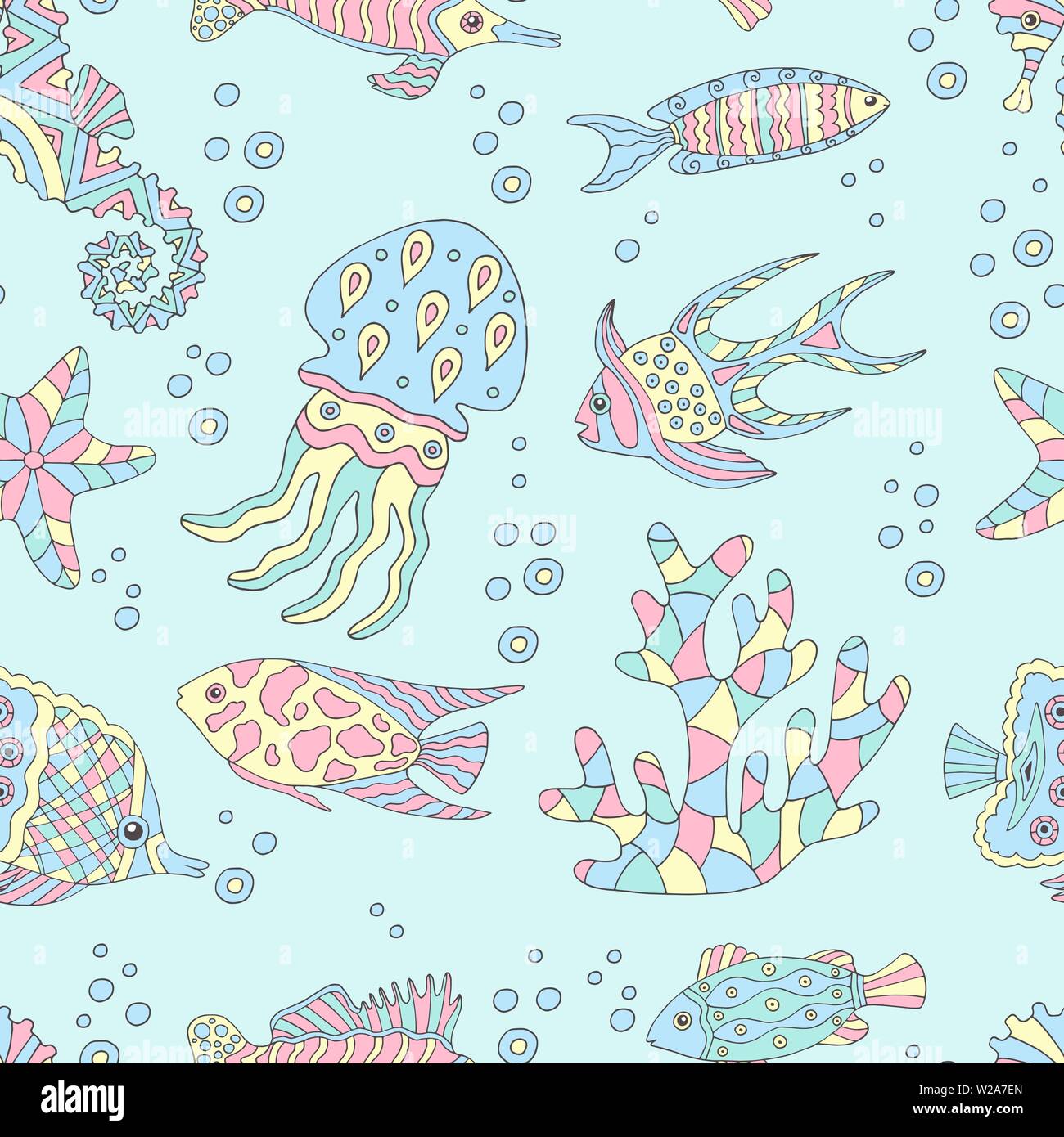 Cute abstract seamless pattern with sea fish, starfish, coral, seahorse ...