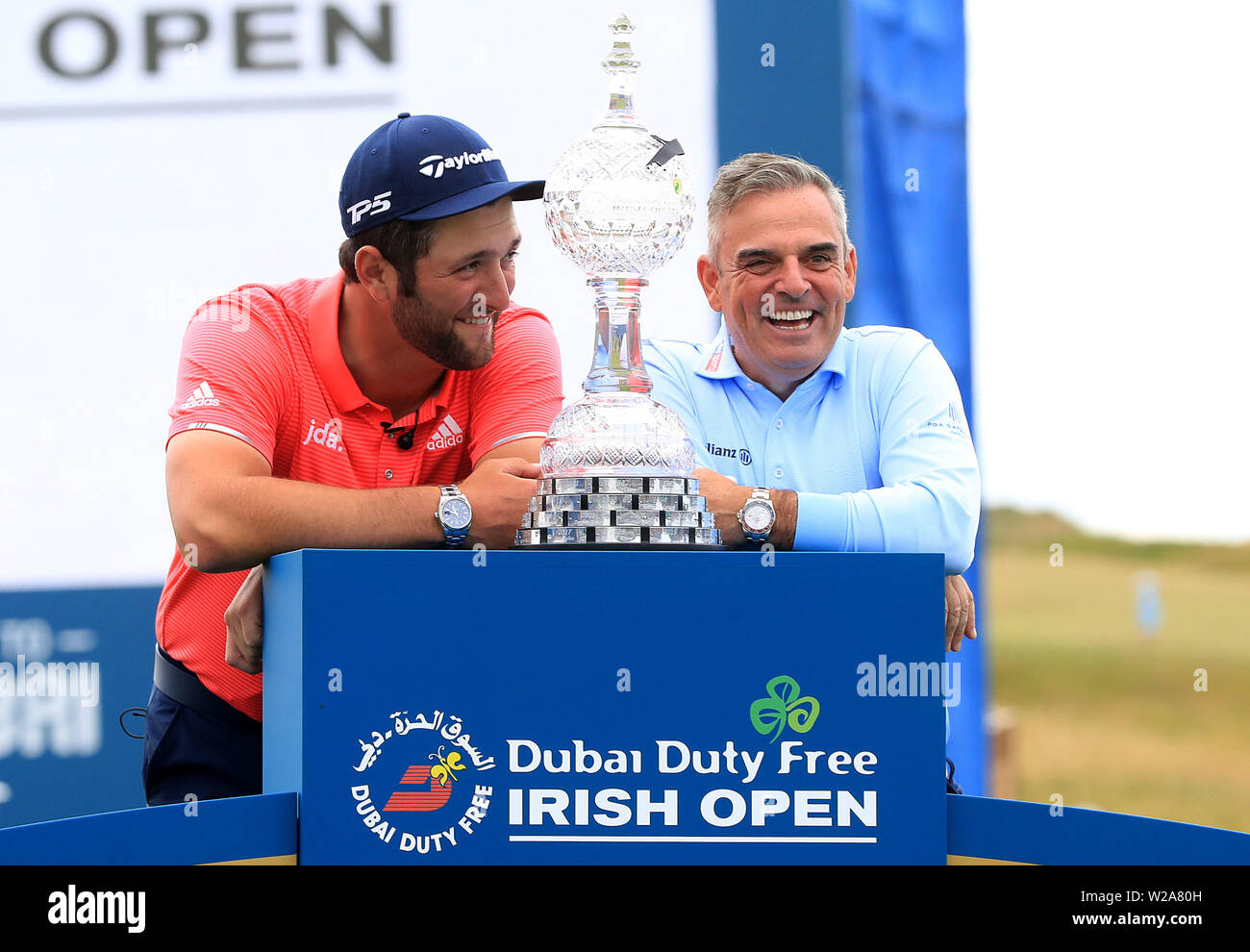 Spain's Jon Rahm with Paul McGinley at the trophy presentation during