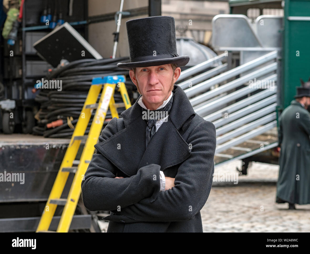 Filming in Edinburgh of Belgravia, an upcoming ITV historical period drama television series based on the novel of the same by Julian Fellowes. Stock Photo