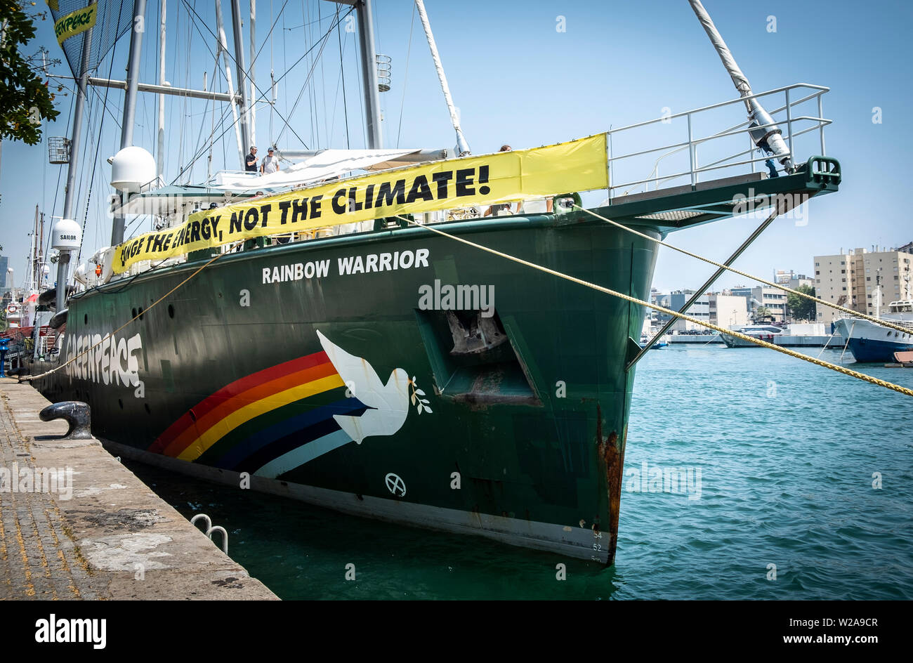 The ship Rainbow Warrior is moored at the port of Barcelona.The flagship Rainbow Warrior of Greenpeace arrives in Spain to fight against the climate crisis. The sailboat will stop at the ports of Barcelona, Malaga and Vigo to demand urgent measures against the climate crisis. Stock Photo