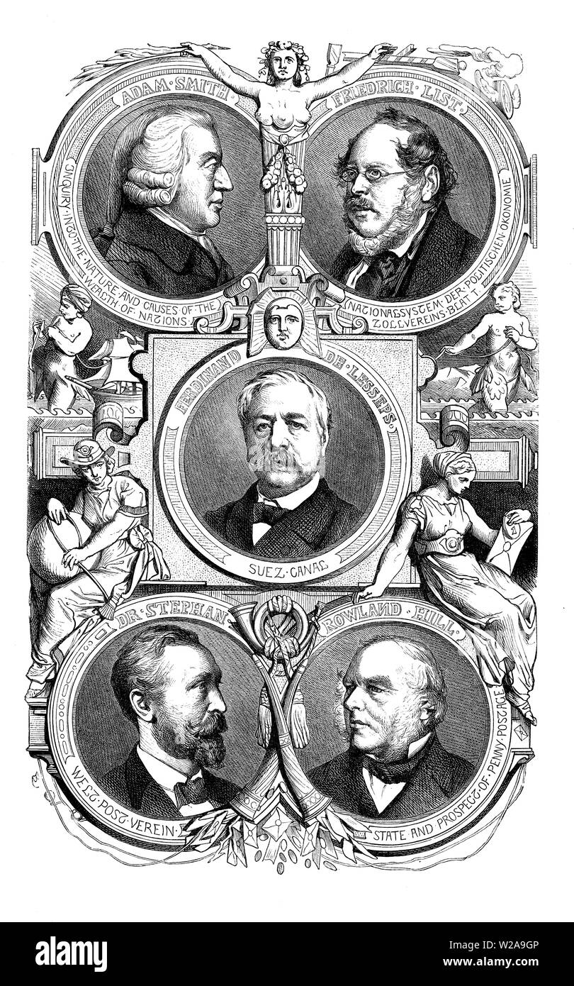Chapter frontispiece with preminent figures of political economy of the 19th century: the economists Adam Smith and Friedrich List, the postal service reformers Heinrich von Stephan and Sir Rowland Hill and the developer of the Suez Canal Ferdinand de Lesseps Stock Photo