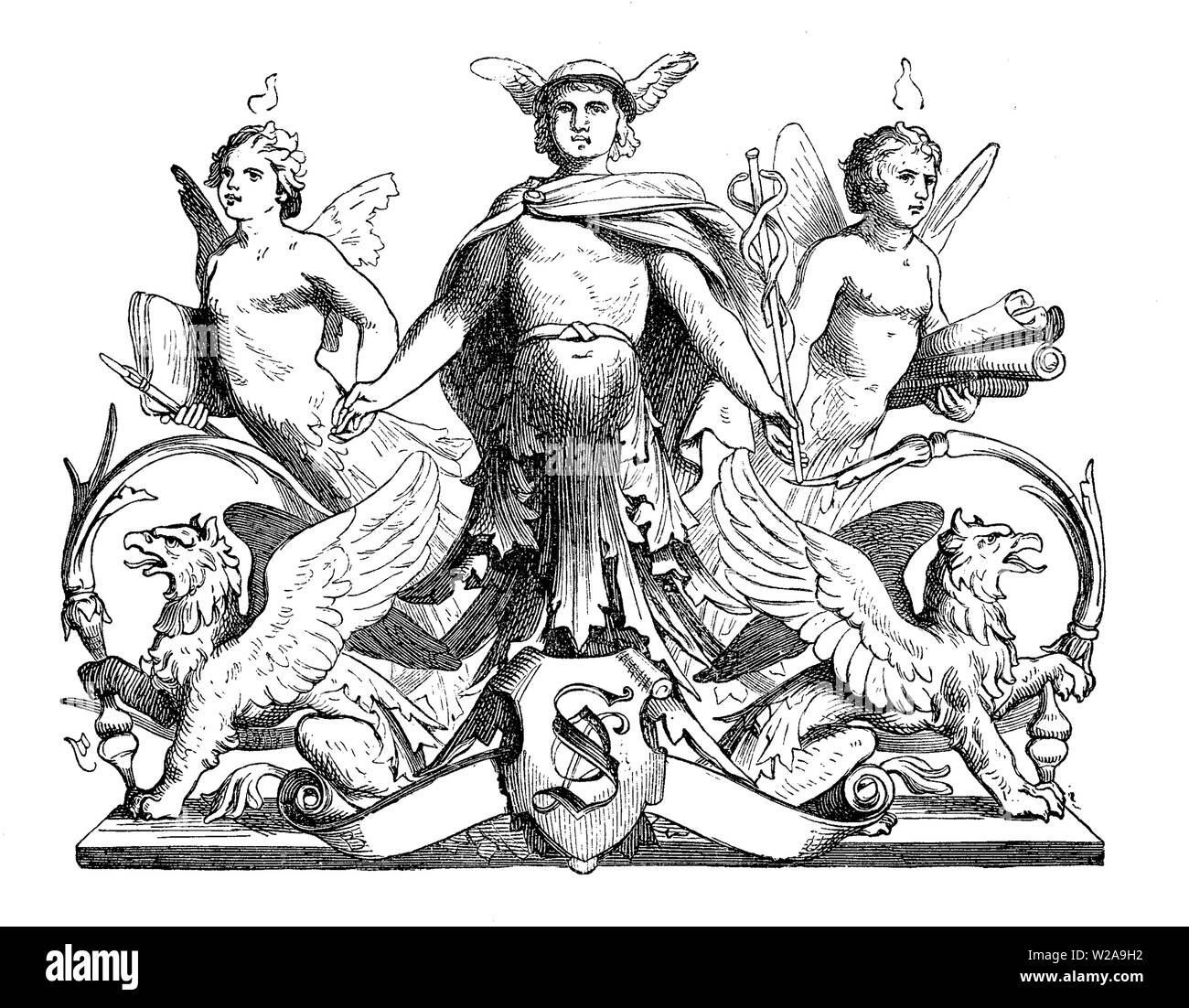Typographical chapter decoration with mythological figures: Hermes the god of commerce and griffins Stock Photo