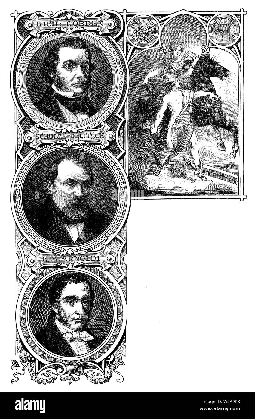 Allegoric frontispiece chapter about commerce, trade and microeconomics with prominent figures of 19th century:Richard Cobden liberal manufacturer,Franz Hermann Schulze-Delitzsch economist and Ernst-Wilhelm Arnoldi German merchant and insurer Stock Photo