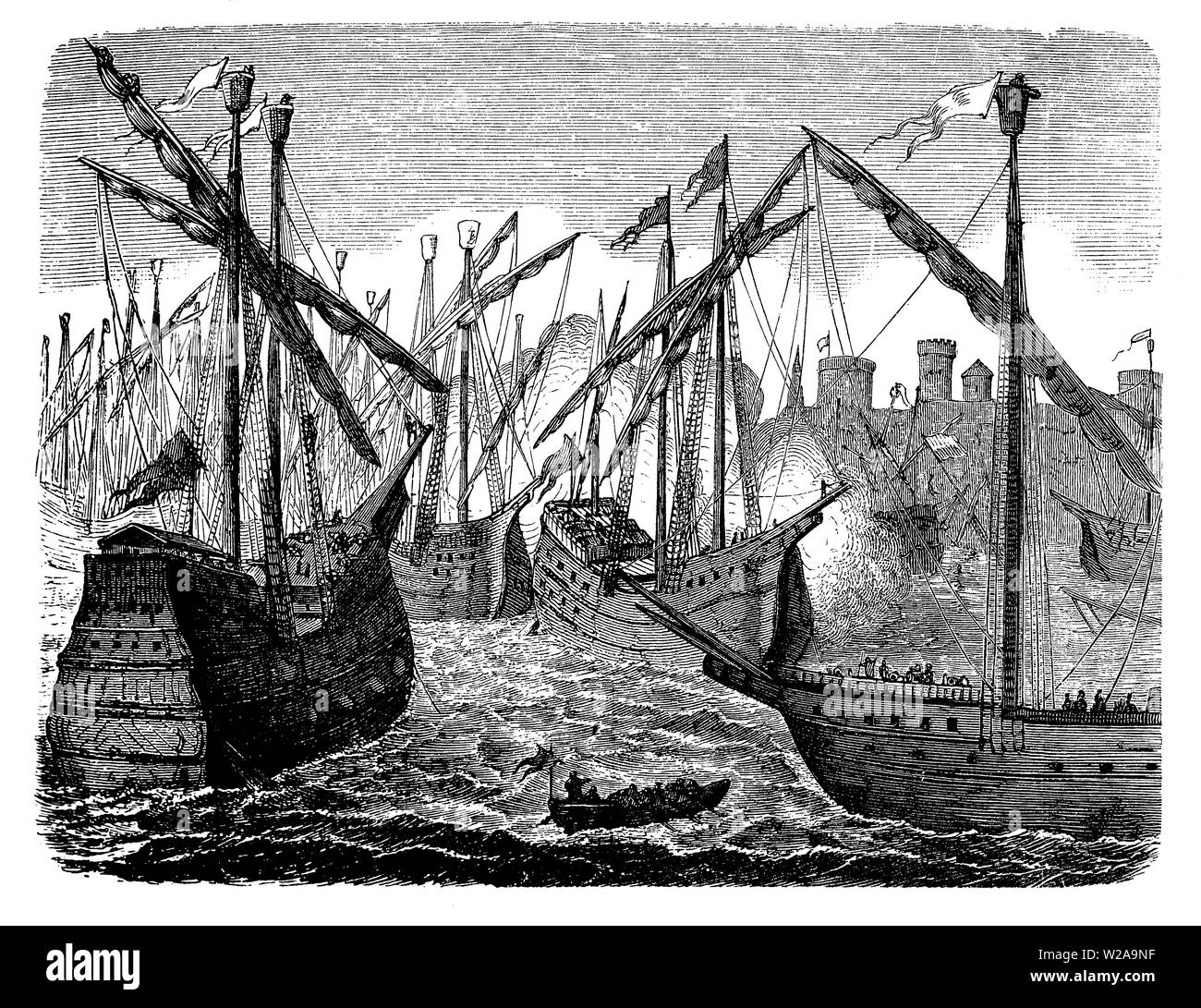 Copenhagen bombarded from the sea by the Hanseatic League fleet during the Danish - Hanseatic war in the 1428 destroying the Danish fleet. Stock Photo