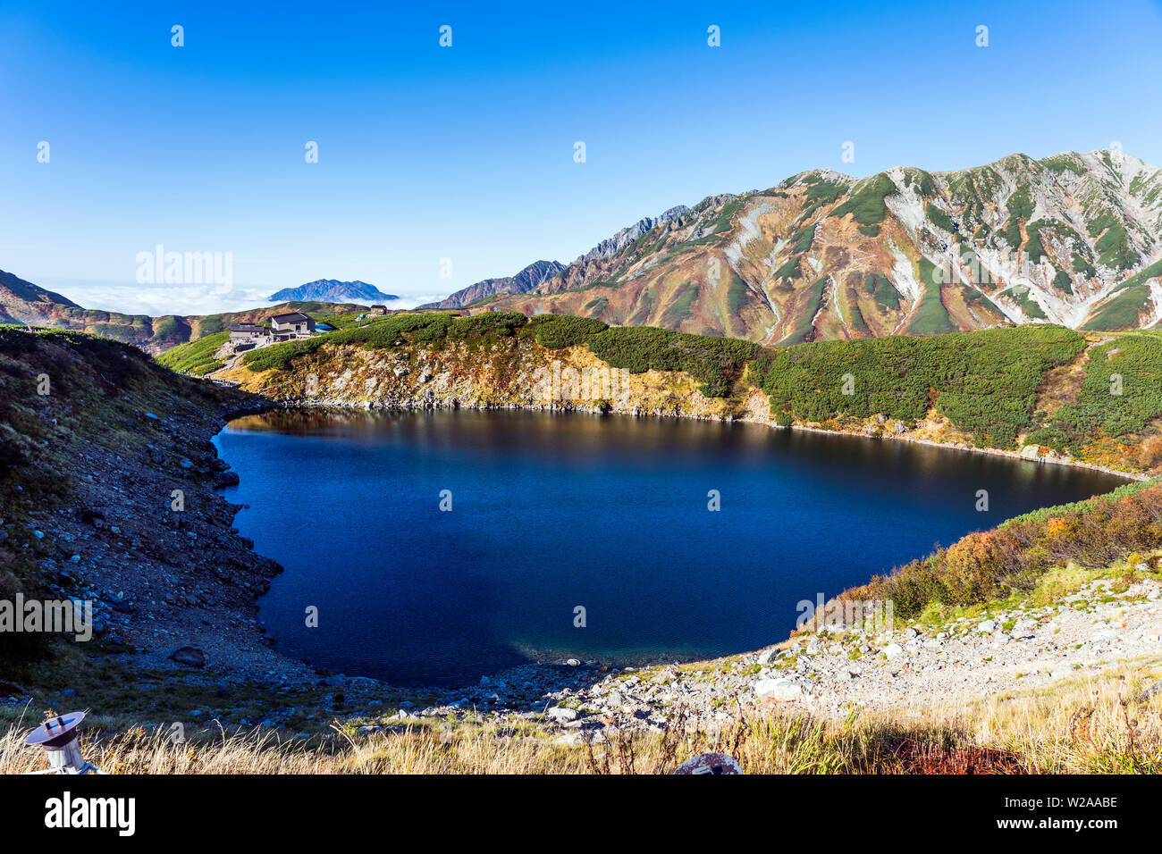 Beautiful Mountain Pond On A Sunny Day. Mikuriga Lake Tateyama, Kurobe, Japan. Stock Photo
