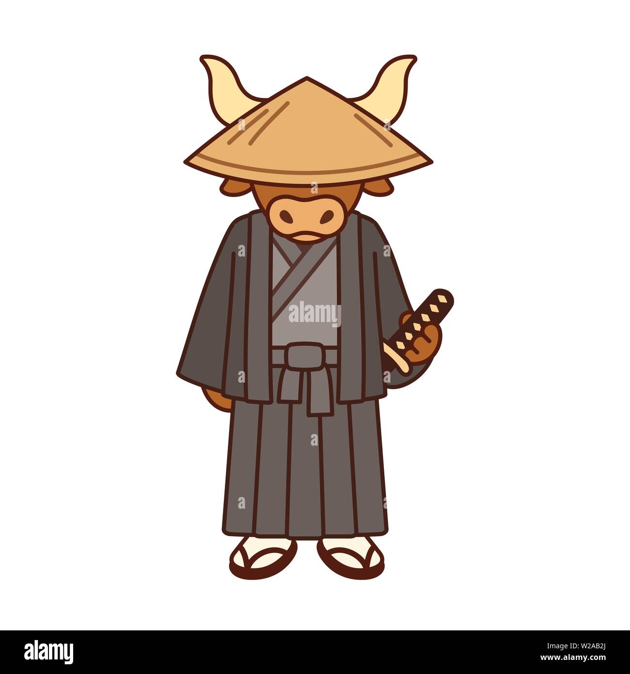 Cute cartoon buffalo samurai. Funny Japanese samurai animal character in kimono and straw hat, with traditional katana sword. Stock Vector